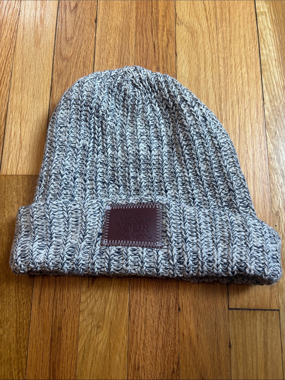 Love Your Melon Marled Gray Knit Beanie with Brown Leather Patch
